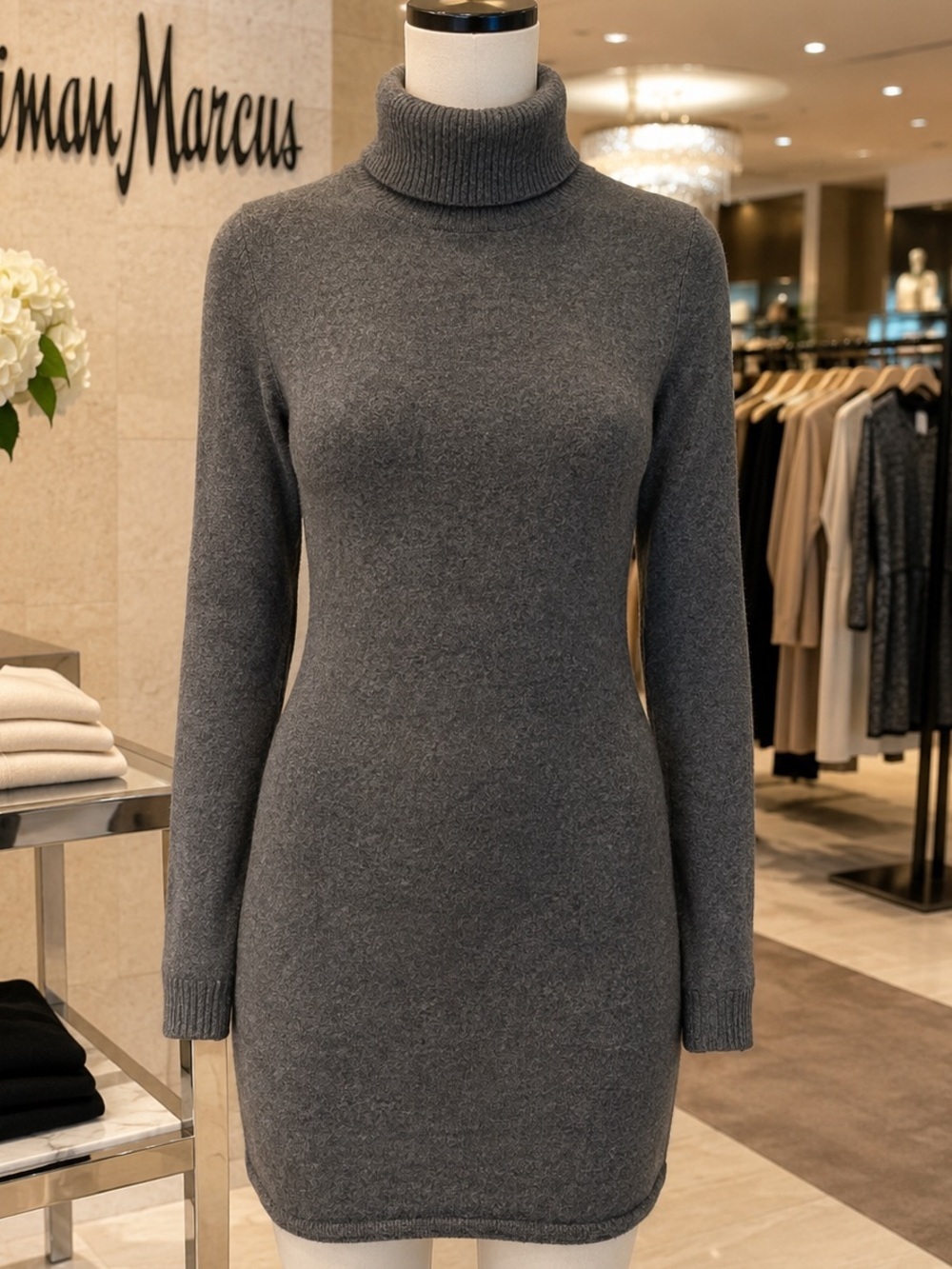 Neiman Marcus 100% Cashmere Turtleneck Sweater Mini Dress Gray S Bodycon